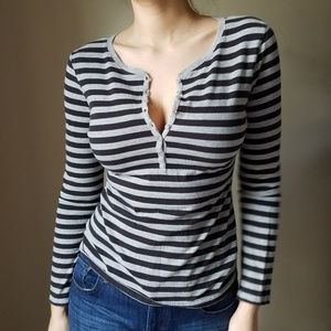 Grey & Black Striped Long Sleeve w/ Button Detail